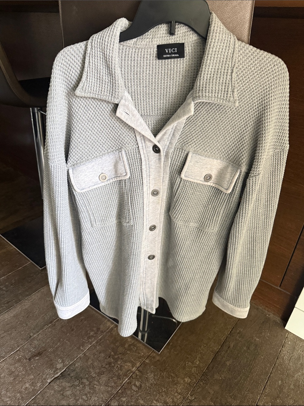 VICI Light Gray Waffle Knit Button-Up Oversized Shacket/Shirt